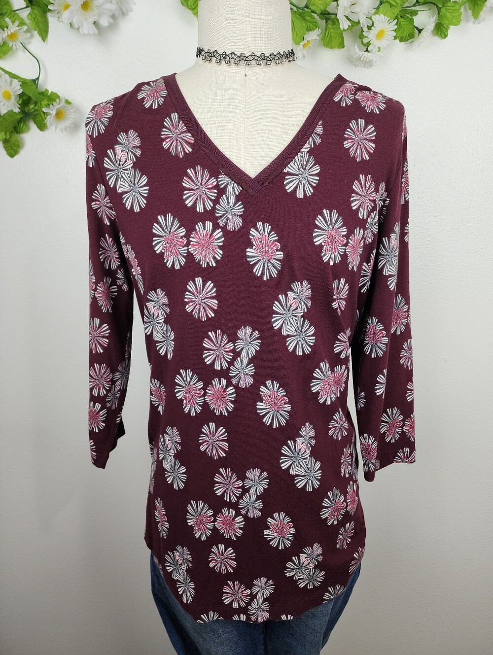 Lands End Red Floral Shirt -  V-Neck Tunic Long Sleeve Sz Large